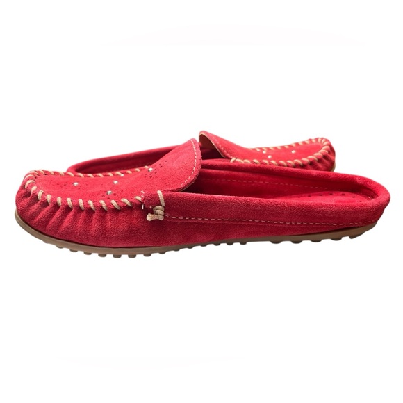 Minnetonka Red Suede Driving Moccasins | Size 8 | Pearl-Studded Slip-On Loafers - Picture 8 of 8